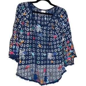Lula Soul Floral Embroidered Peasant Top Boho Blouse with Tassels Size Small